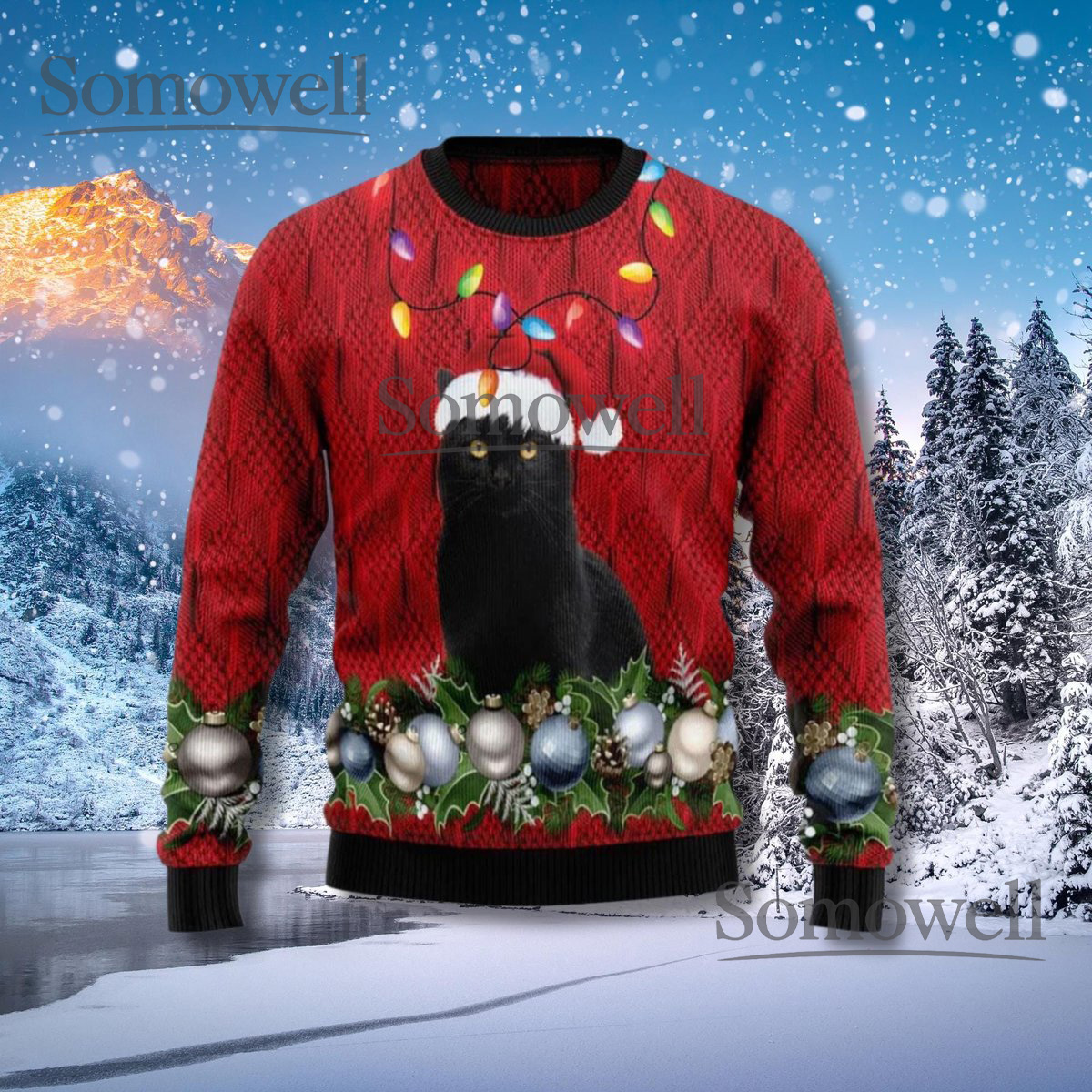 Black Cat Santa Lights Christmas Ugly Sweater Red Knit Holiday Ornament Jumper