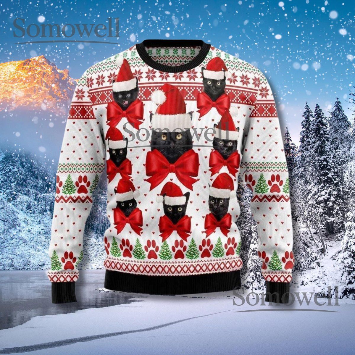 Black Cat Santa Ugly Christmas Sweater With Red Bows Paw Prints Festive Knit Jumper