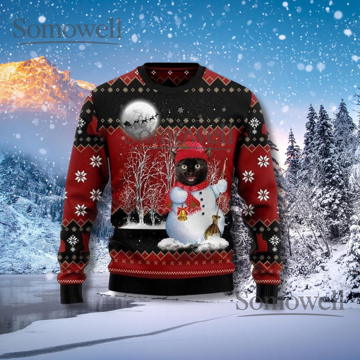 Black Cat Snowman Ugly Christmas Sweater Funny Holiday Knit Jumper
