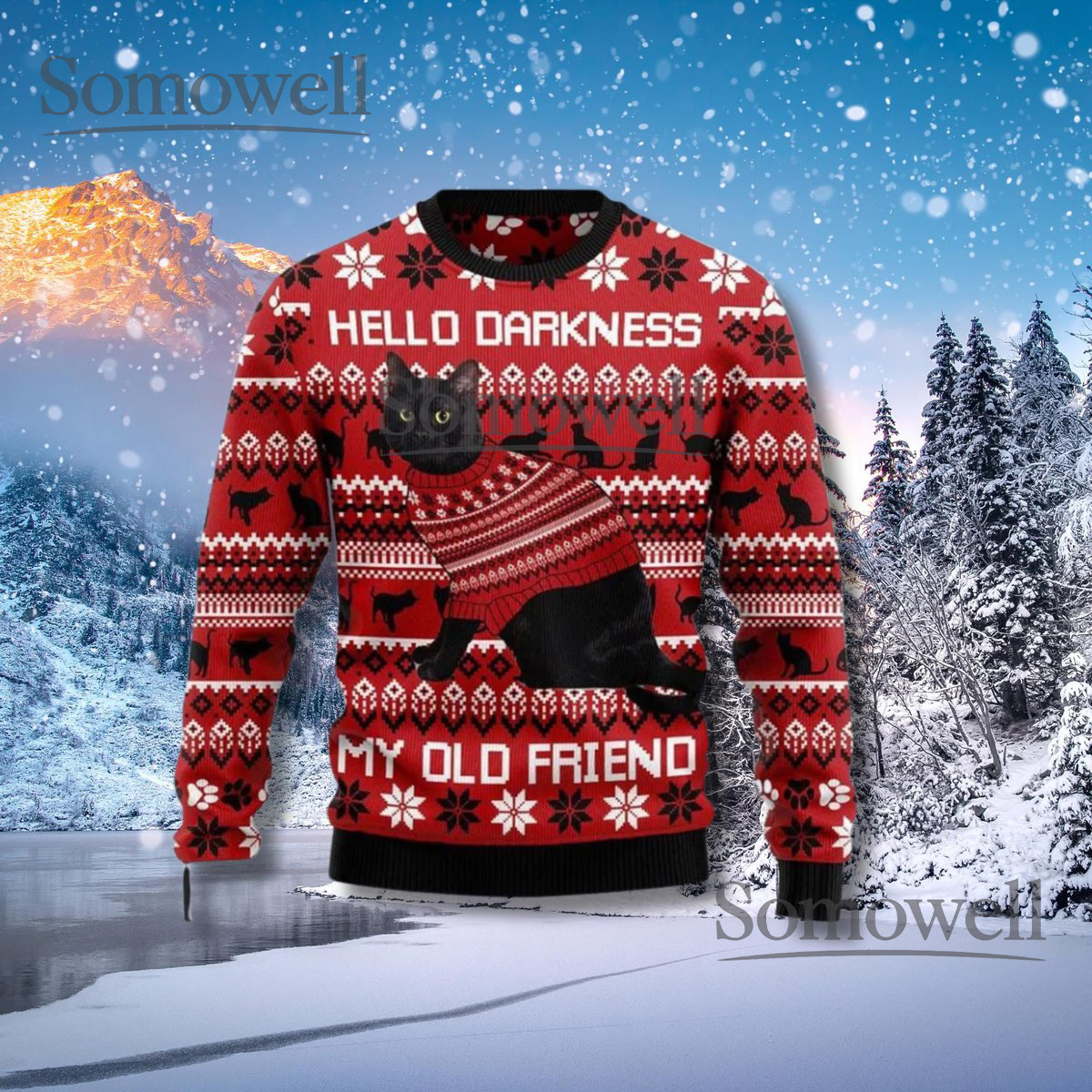 Black Cat Ugly Christmas Sweater Hello Darkness Holiday Pullover