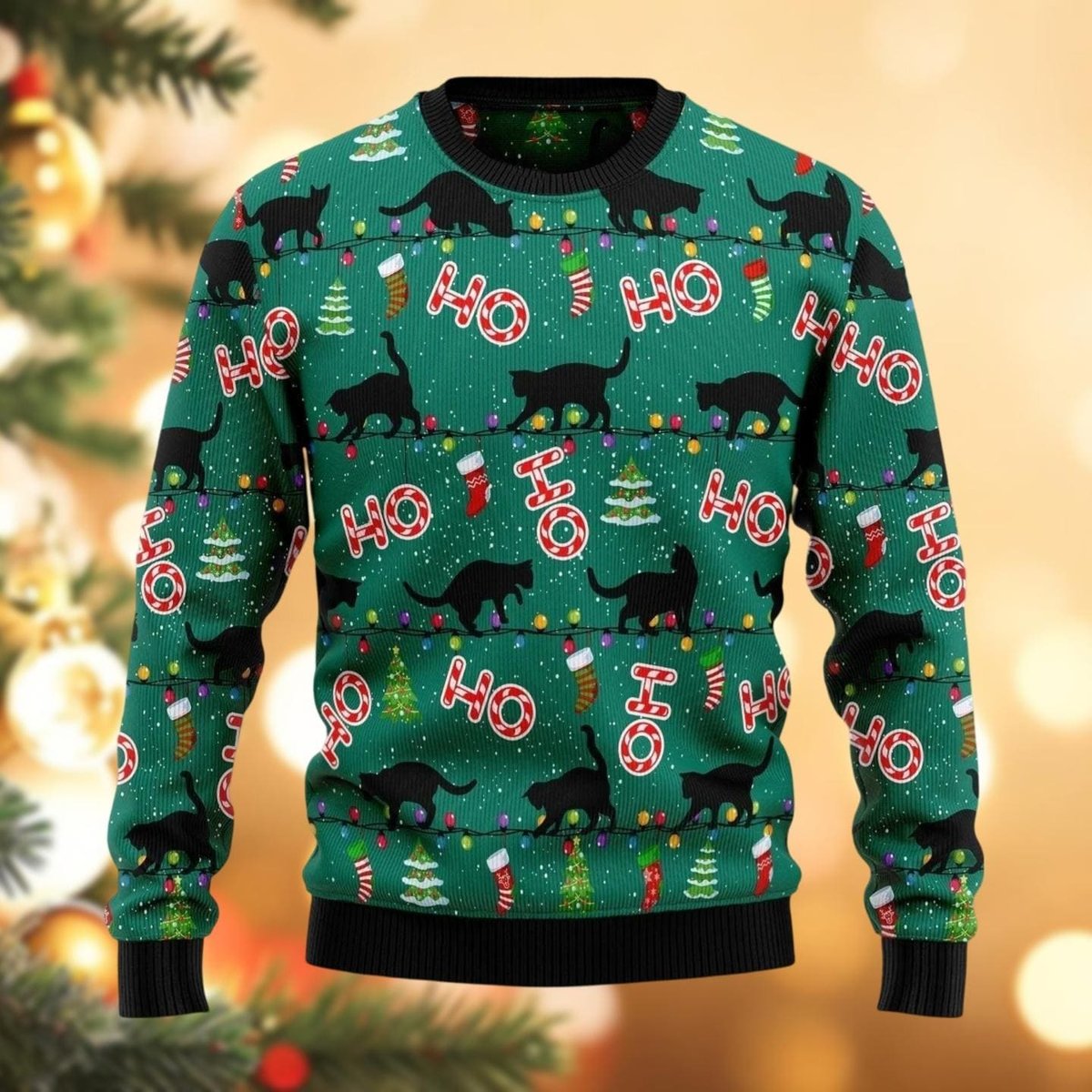Black Cat Green HO HO Christmas Ugly Sweater Funny Holiday Pullover Gift