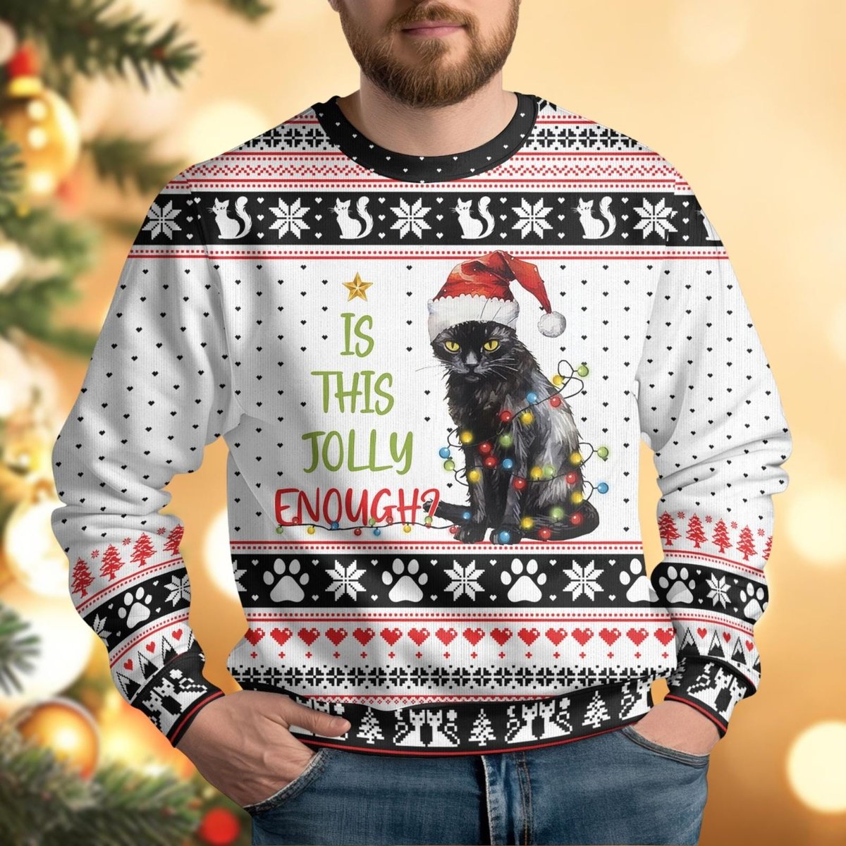 Black Cat Is This Jolly Enough Ugly Christmas Sweater Funny Holiday Gift