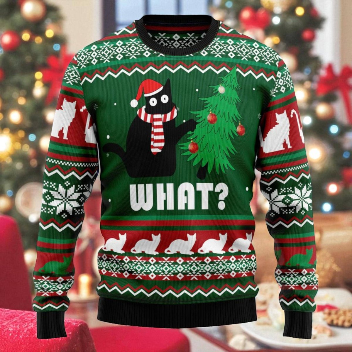 Black Cat What Christmas Ugly Sweater Funny Cat Lover Holiday Knit Pullover