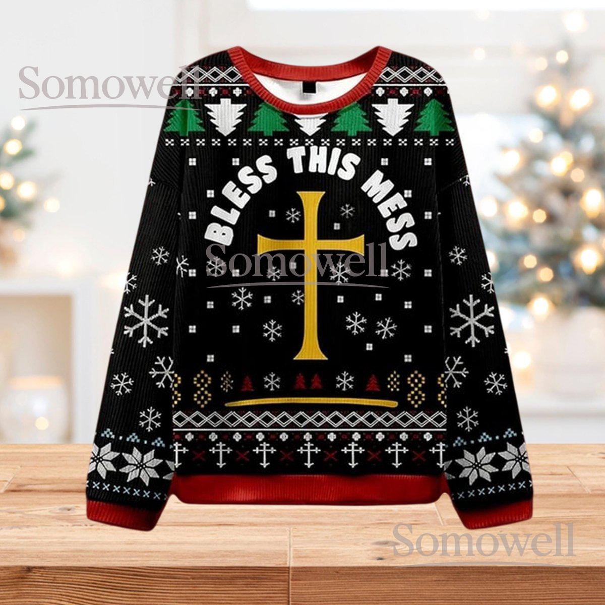 Bless This Mess Cross Christmas Black Ugly Sweater Religious Theme Holiday Knit Jumpe