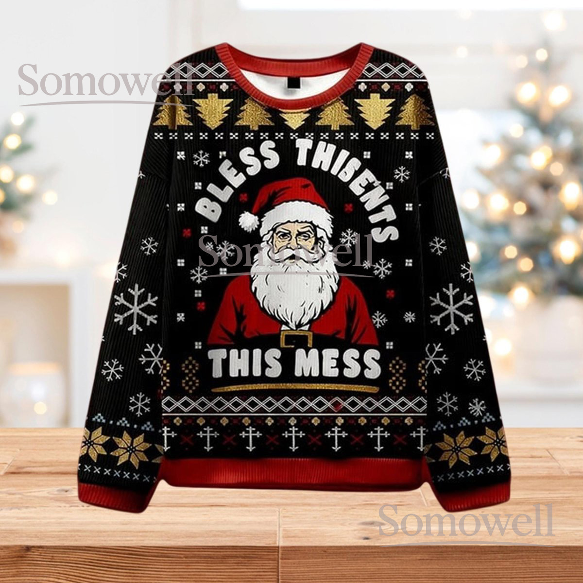 Bless This Mess Santa Christmas Black Ugly Sweater Funny Holiday Knit Jumper