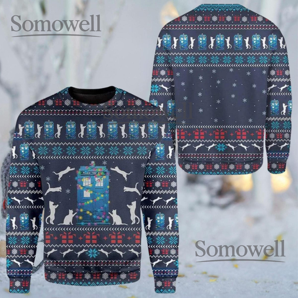 Blue Police Box Cat Pattern Ugly Christmas Sweater Navy Fair Isle Knit Holiday Gift