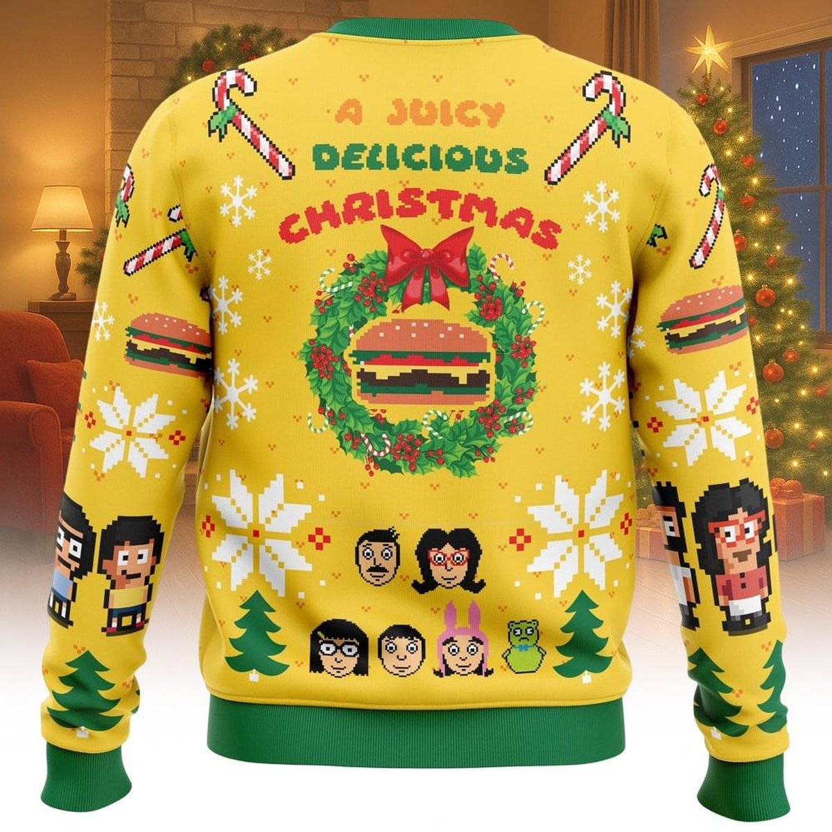 Bobs Burgers Juicy Delicious Christmas Ugly Sweater Cartoon Pixel Holiday Knit Jumper