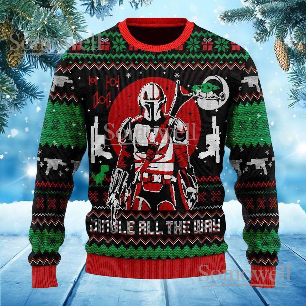 Bounty Hunter Christmas Green Ugly Sweater Jingle All The Way Sci-Fi Holiday Knit Jumper