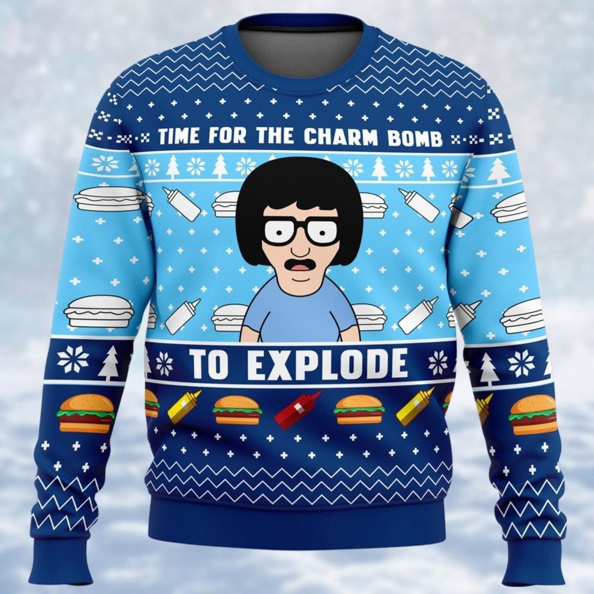 Tina Belcher Blue Christmas Ugly Sweater Funny Cartoon Burger Lover Holiday Knit Jumper