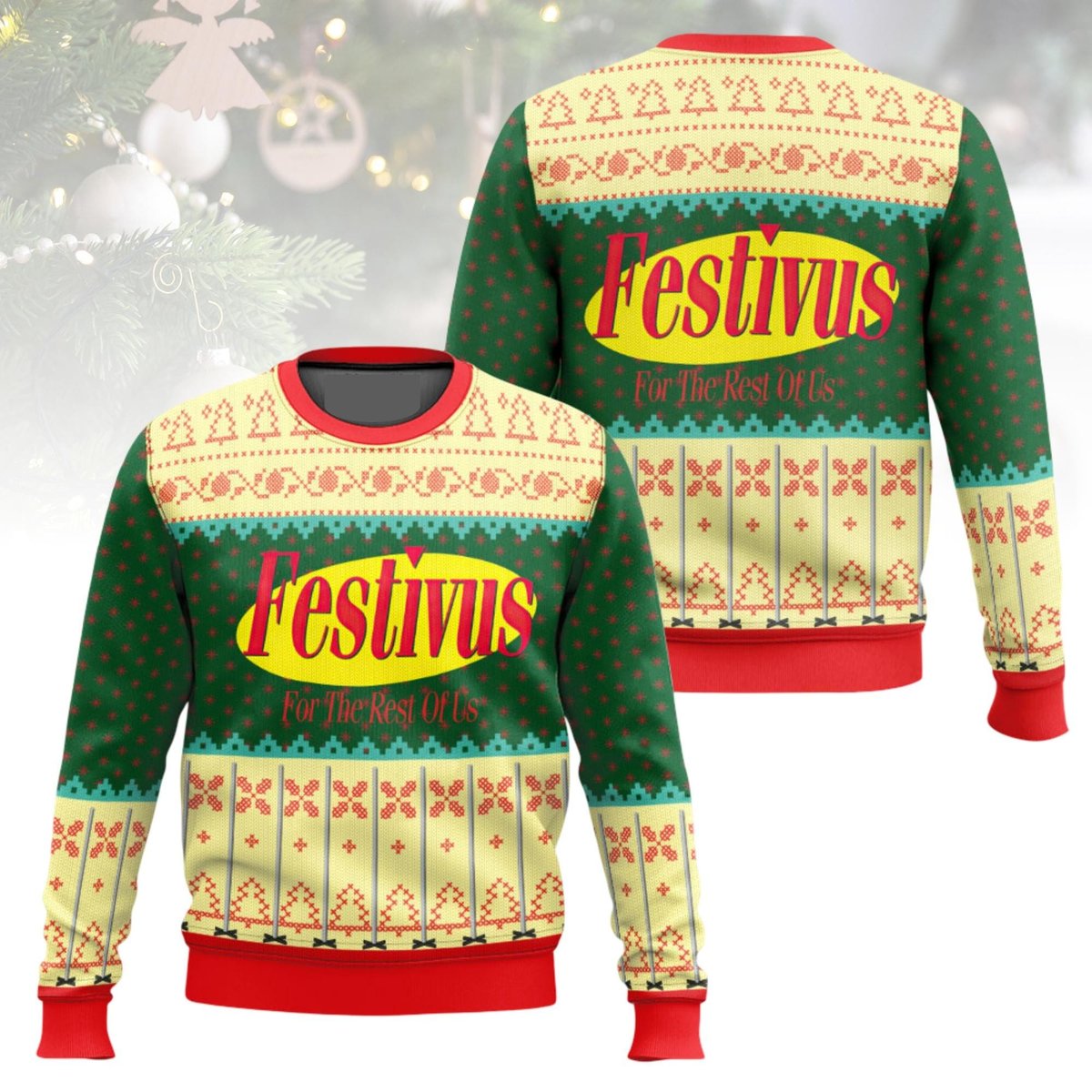 Festivus For The Rest Of Us Seinfeld Ugly Christmas Sweater Green Yellow Holiday Knit Jumper