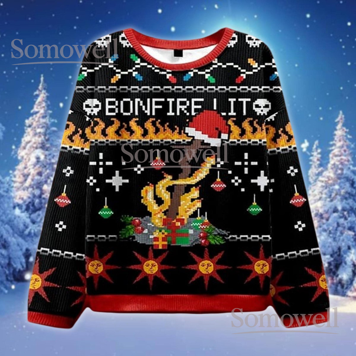 Bonfire Lit Christmas Black Ugly Sweater Gamer Flame Pattern Holiday Knit Jumper