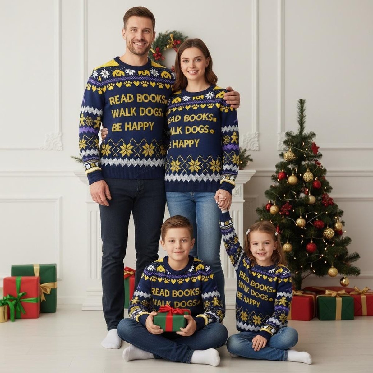 Read Books Walk Dogs Be Happy Ugly Christmas Sweater Funny Book Lover Dog Owner Holiday Gift