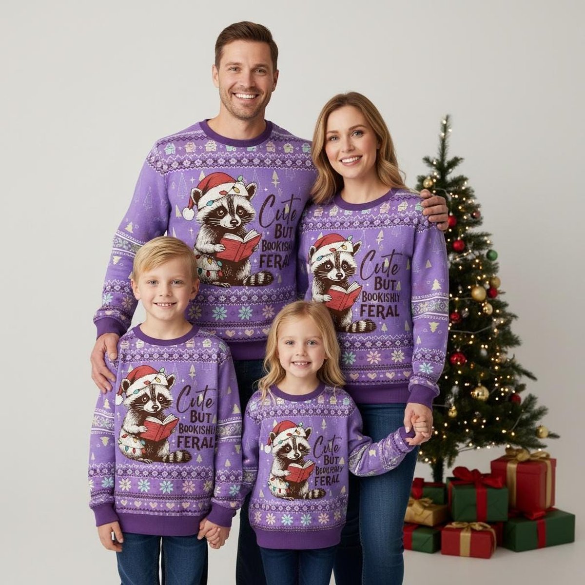 Cute But Bookishly Feral Raccoon Ugly Christmas Sweater Purple Reading Lover Holiday Knit Gift