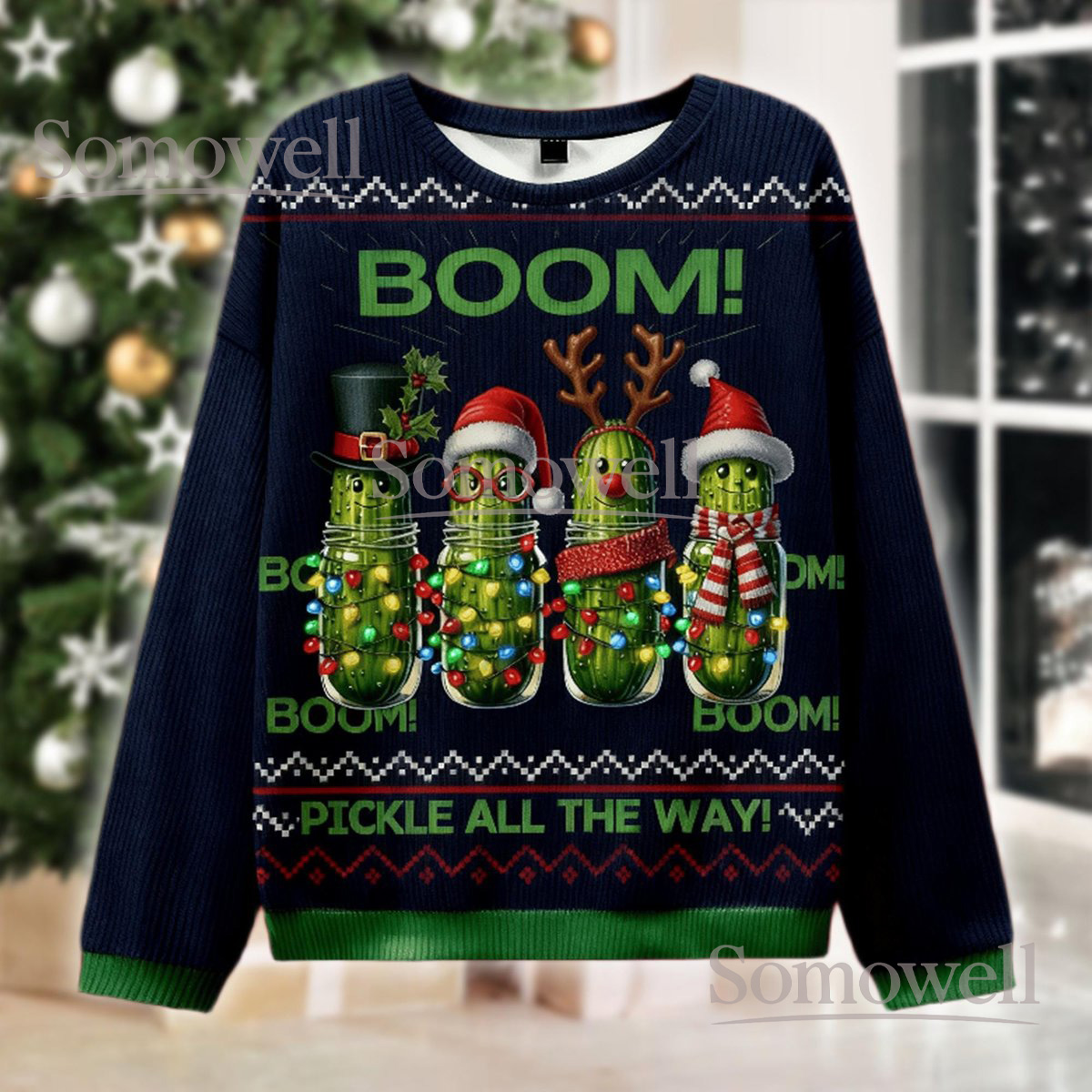 Pickle Christmas Navy Ugly Sweater Boom Pickle All The Way Funny Holiday Knit Jumper