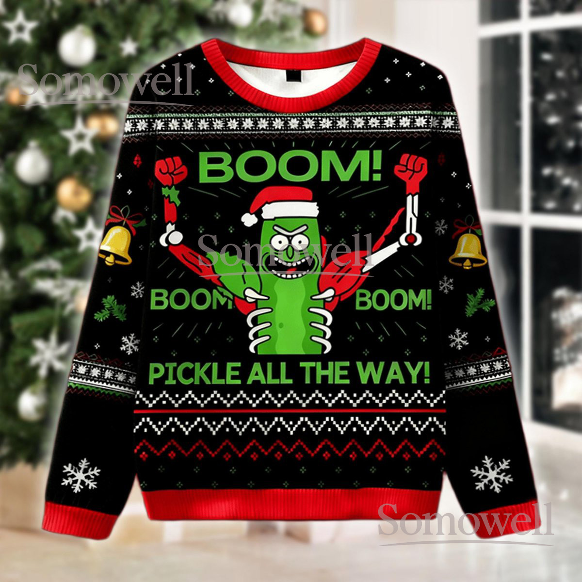 Pickle Christmas Black Ugly Sweater Boom Pickle All The Way Funny Cartoon Holiday Knit Jumper