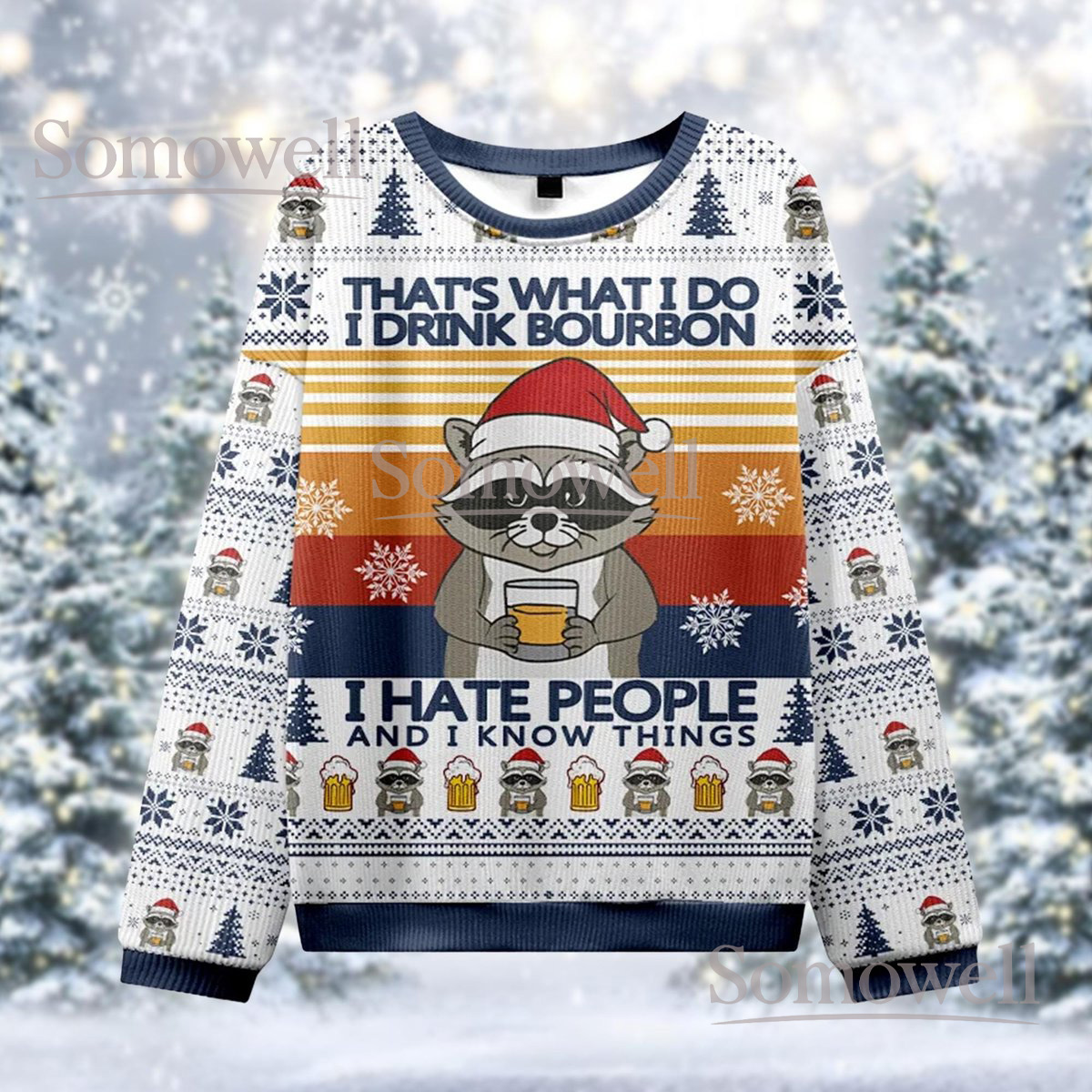 Funny Raccoon Bourbon Ugly Christmas Sweater I Hate People Drink Lovers Holiday Gift