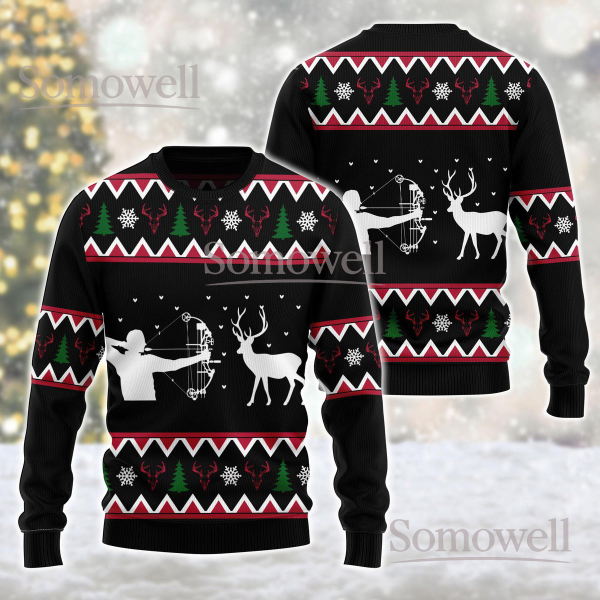 Bow Hunter Christmas Black Ugly Sweater Archery Deer Silhouette Holiday Knit Jumper