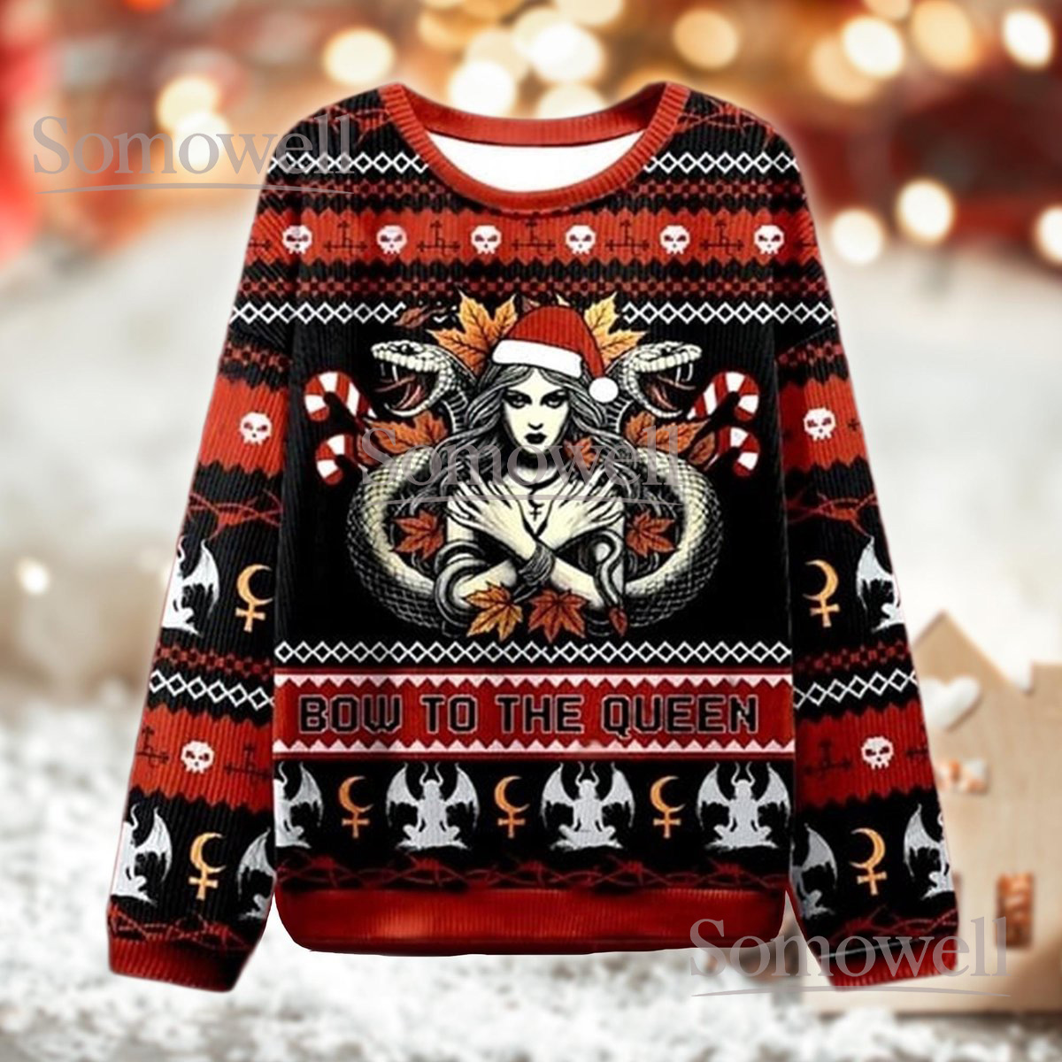 Bow To The Queen Ugly Christmas Sweater Gothic Dark Art Lovers Holiday Gift