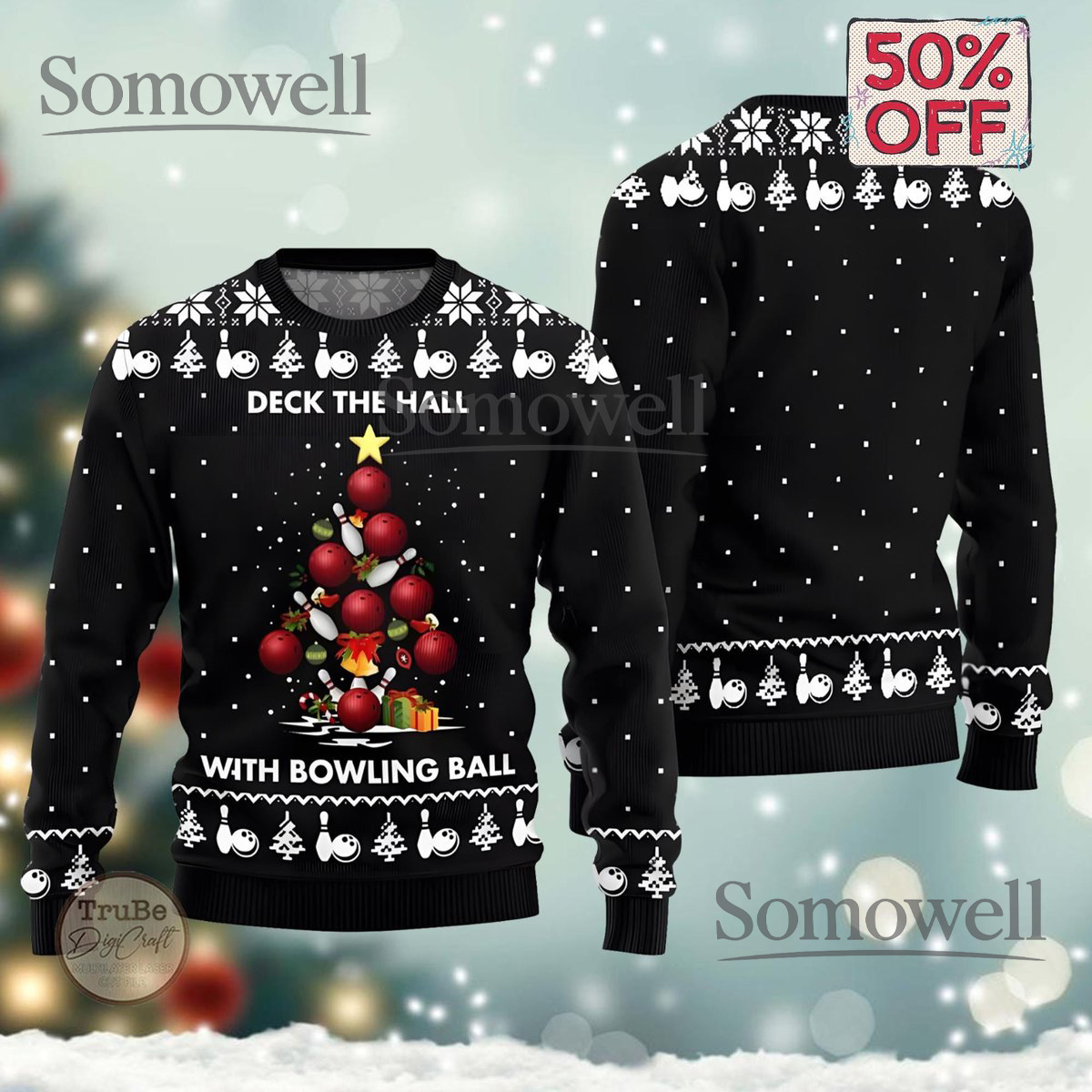 Bowling Ball Christmas Tree Ugly Sweater Holiday Party Pullover