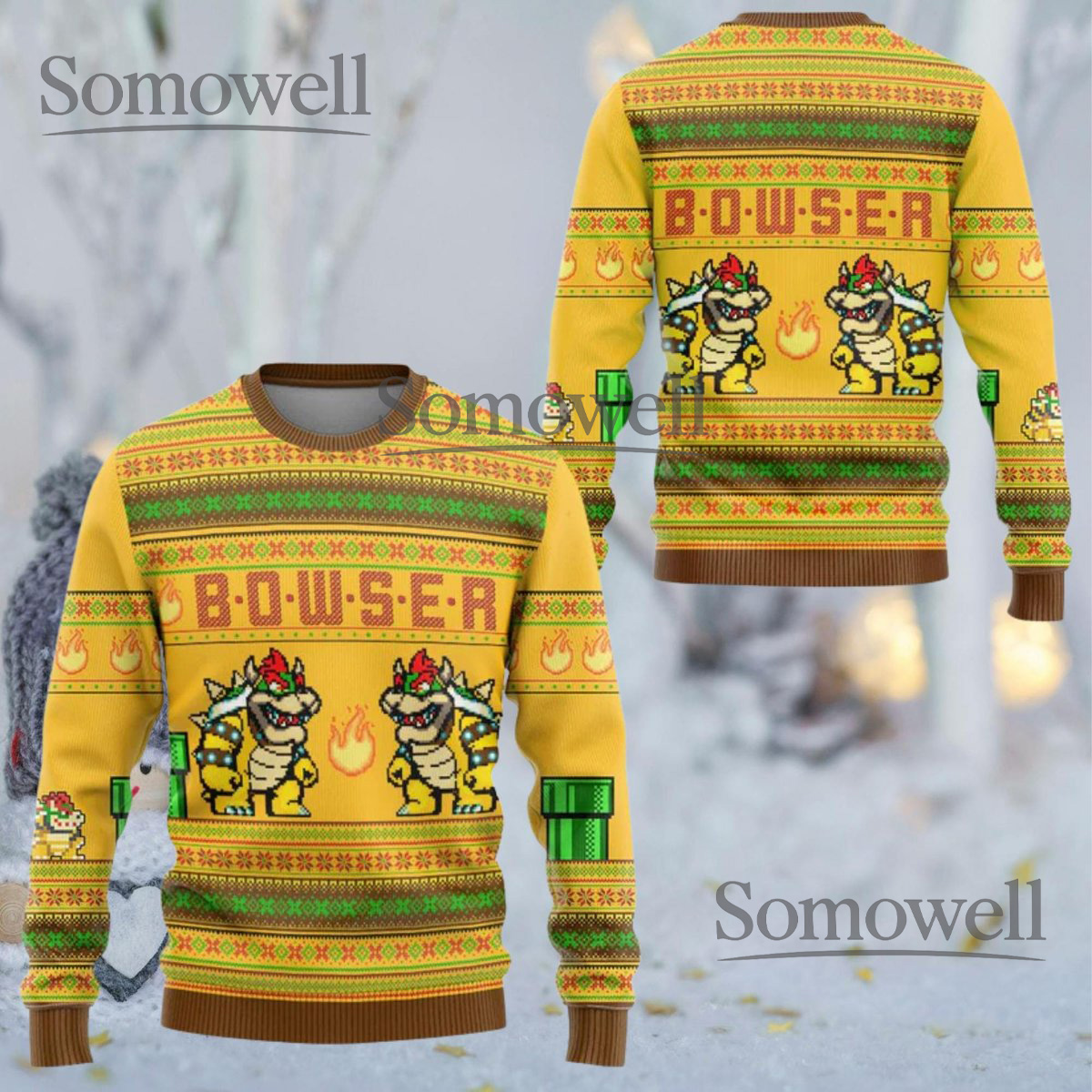 Bowser Yellow Pixel Art Ugly Christmas Sweater Gamer Retro Holiday Knit Jumper
