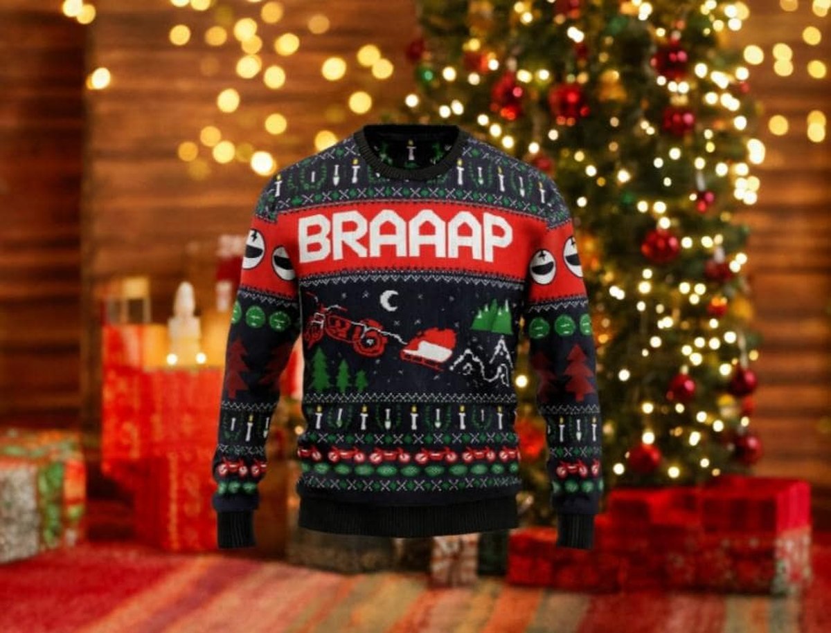 Braaap Motorcycle Ugly Christmas Sweater Funny Biker Holiday Knit Pullover