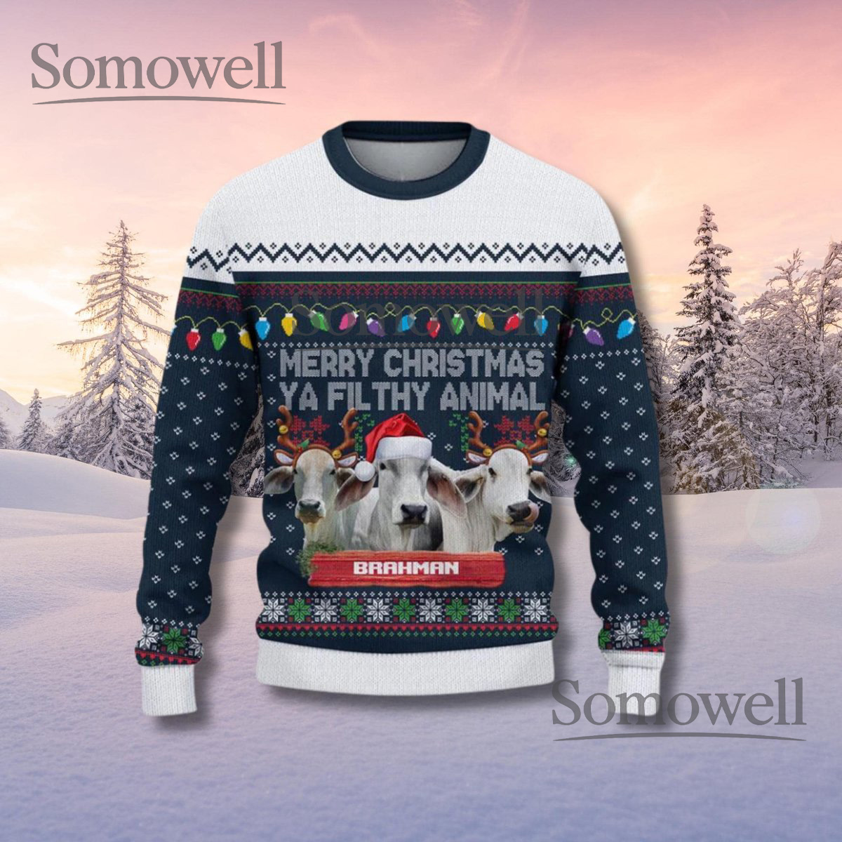 Brahman Cow Navy Ugly Christmas Sweater Funny Farm Animal Holiday Knit Jumper