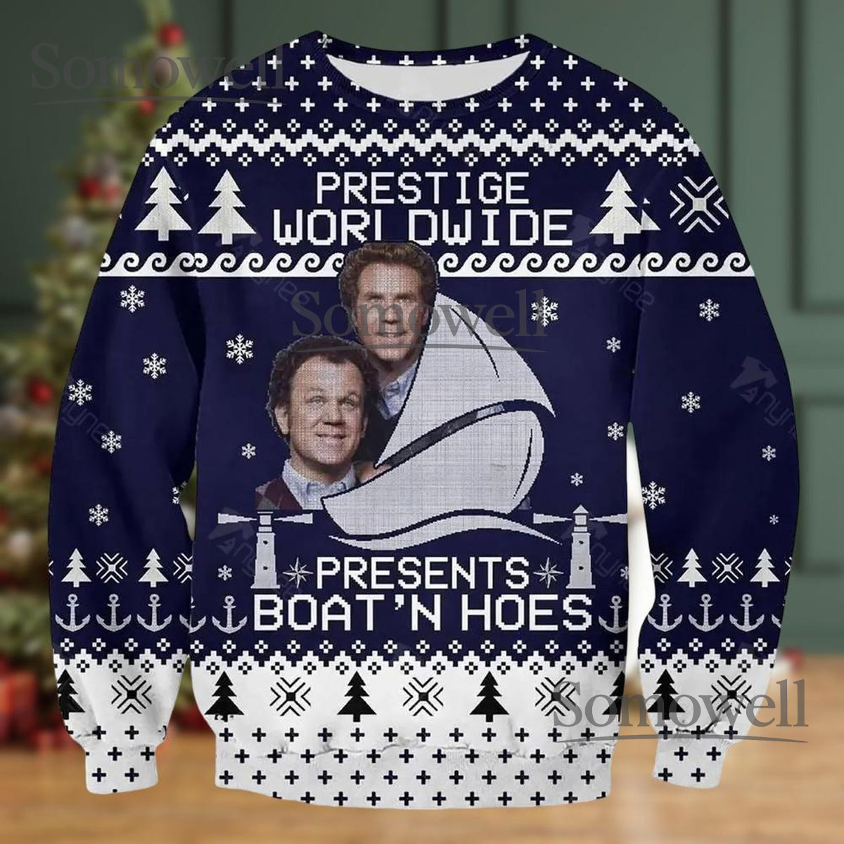 Prestige Worldwide Boat n Hoes Step Brothers Navy Ugly Christmas Sweater Holiday Knit Gift