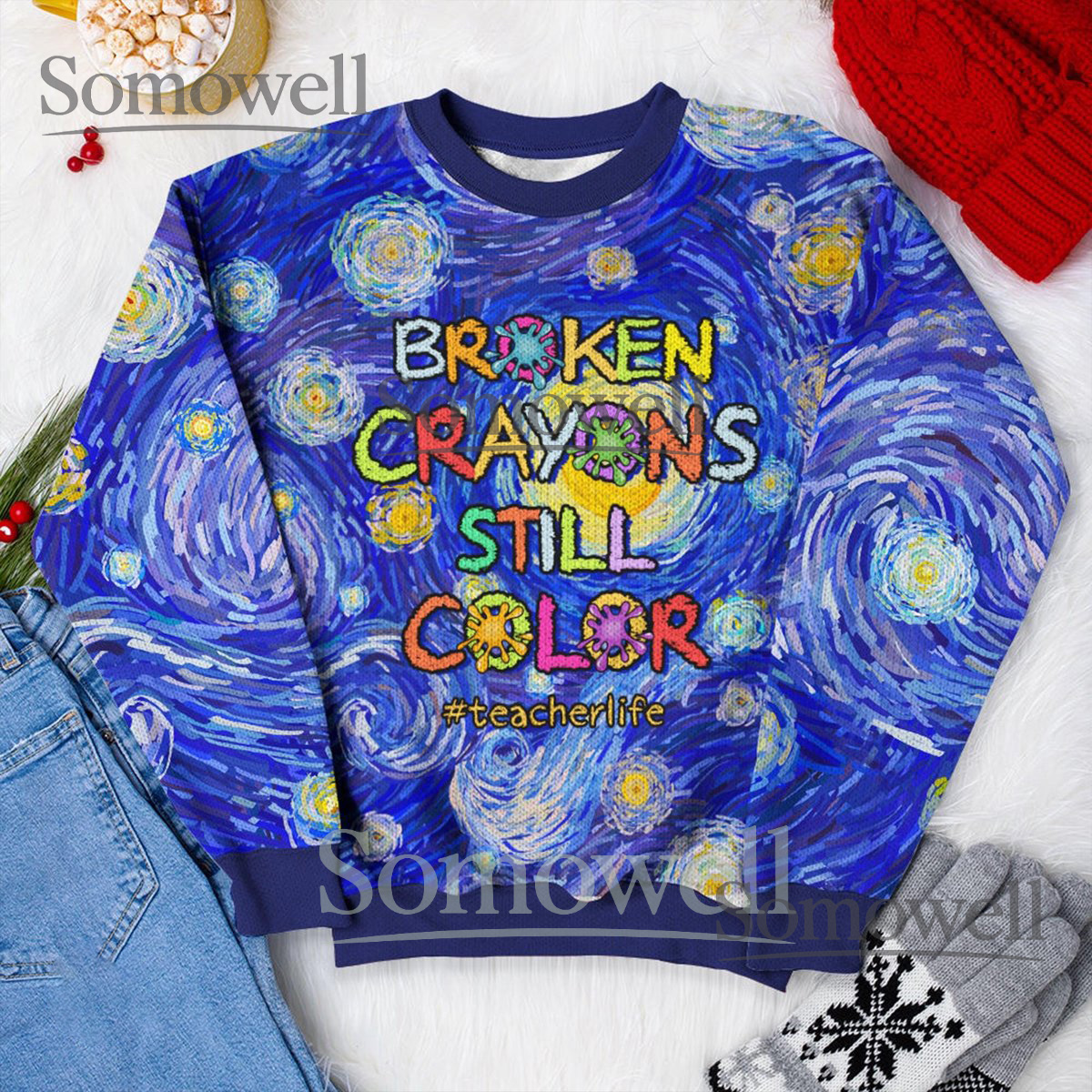 Broken Crayons Teacher Christmas Sweater Custom Ugly Holiday Pullover