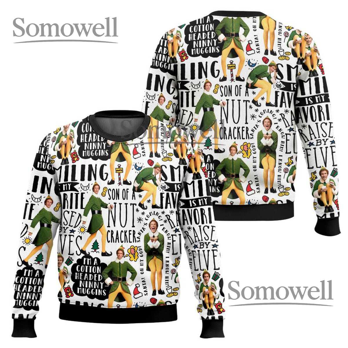 Buddy The Elf Quotes White Ugly Christmas Sweater Funny Movie Holiday Knit Gift