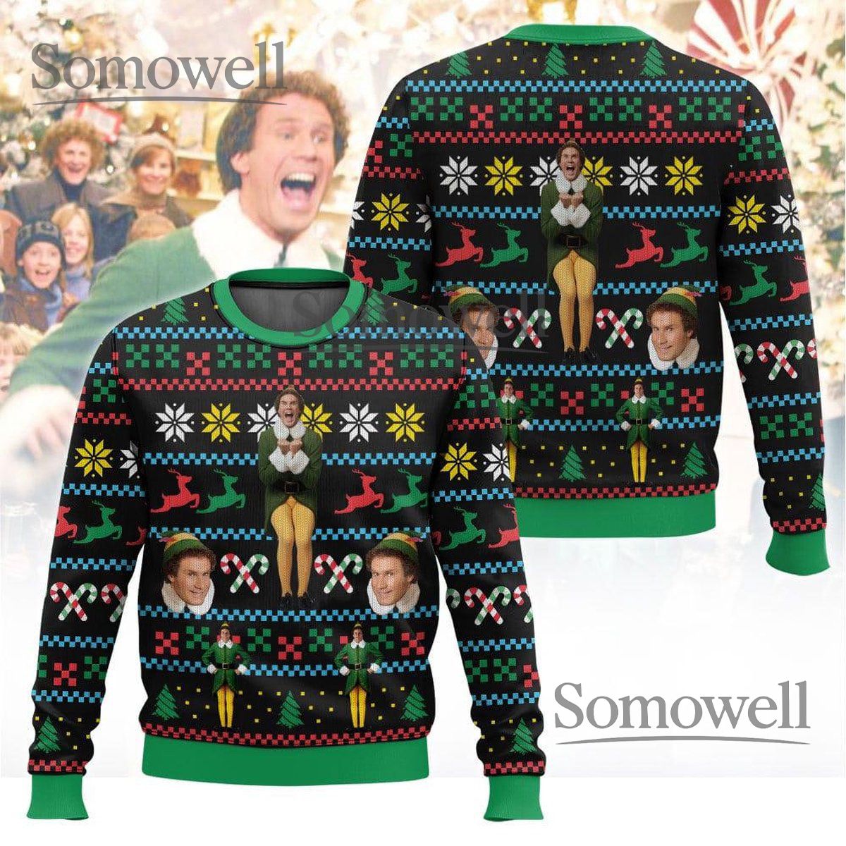 Buddy The Elf Black Pattern Ugly Christmas Sweater Funny Holiday Knit Gift