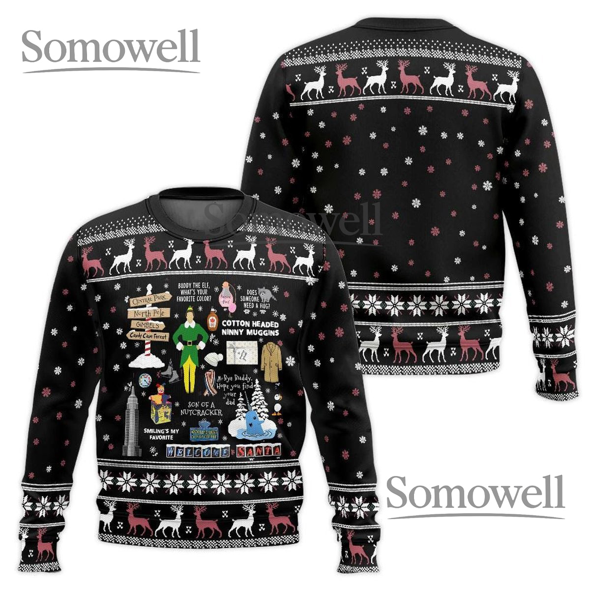 Buddy The Elf Movie Icons Black Ugly Christmas Sweater Funny Holiday Knit Gift