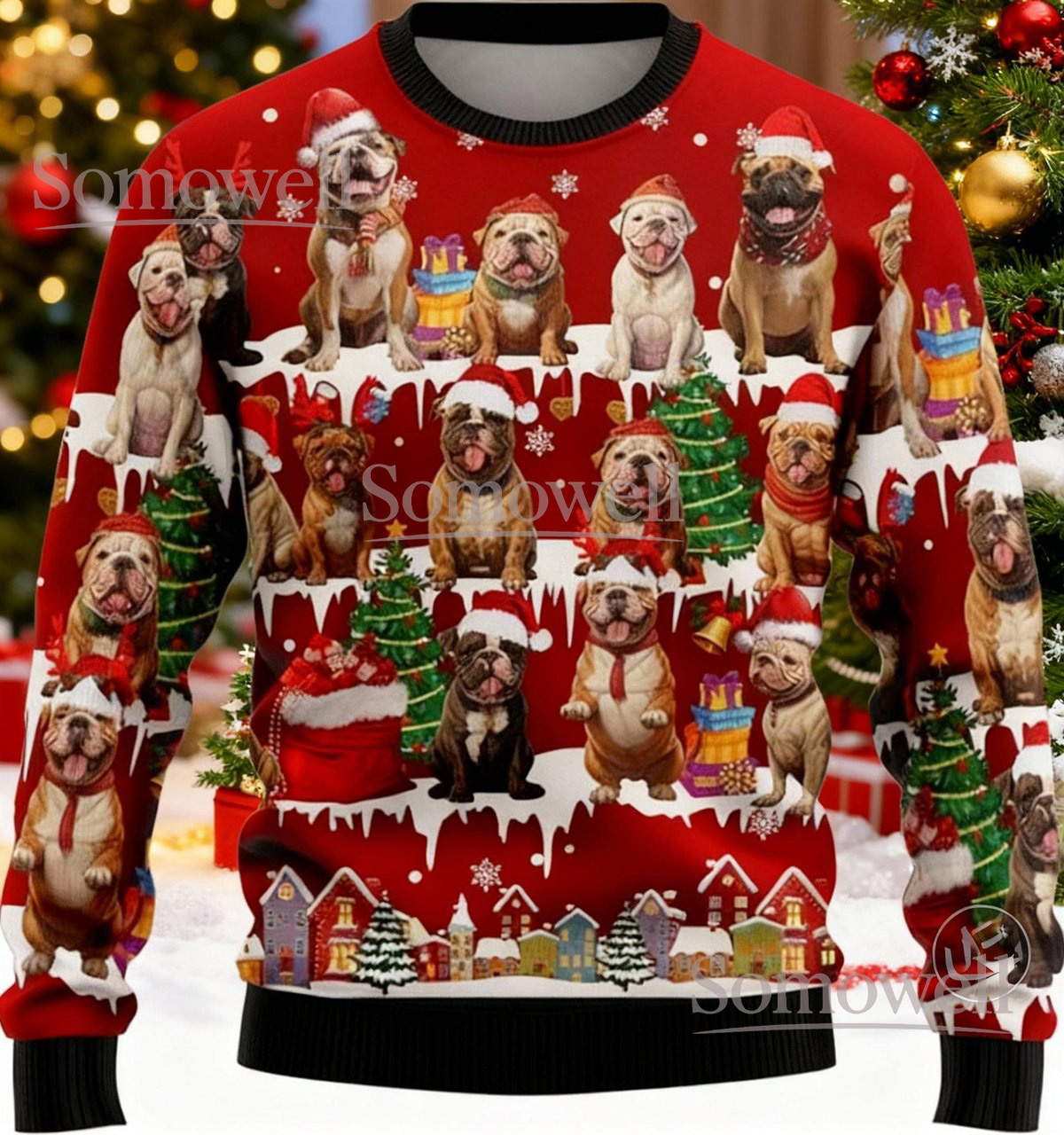 Bulldog Dogs Christmas Red Ugly Sweater Funny Pet Holiday Knit Jumper