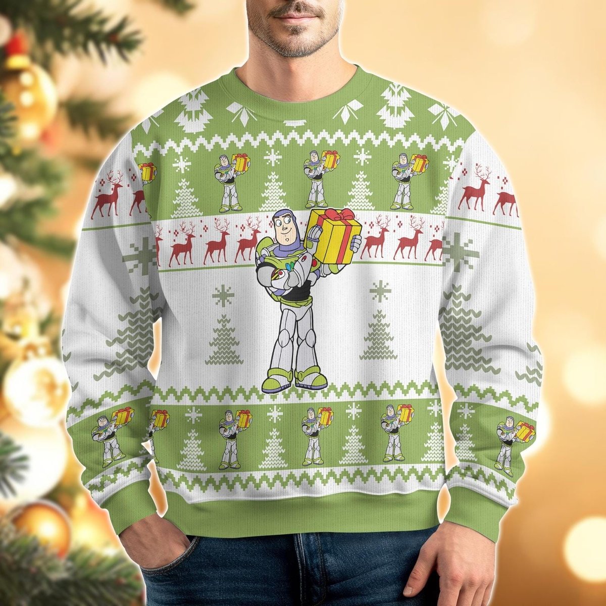 Buzz Lightyear Holding Gift Ugly Christmas Sweater Toy Story Holiday Pullover