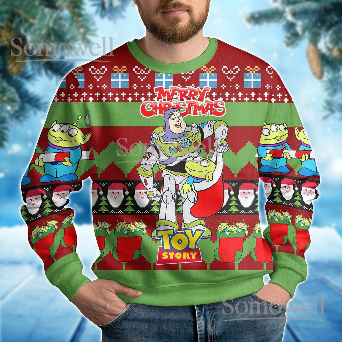 Buzz Lightyear Toy Story Christmas Green Ugly Sweater Merry Christmas Cartoon Holiday Knit Jumper