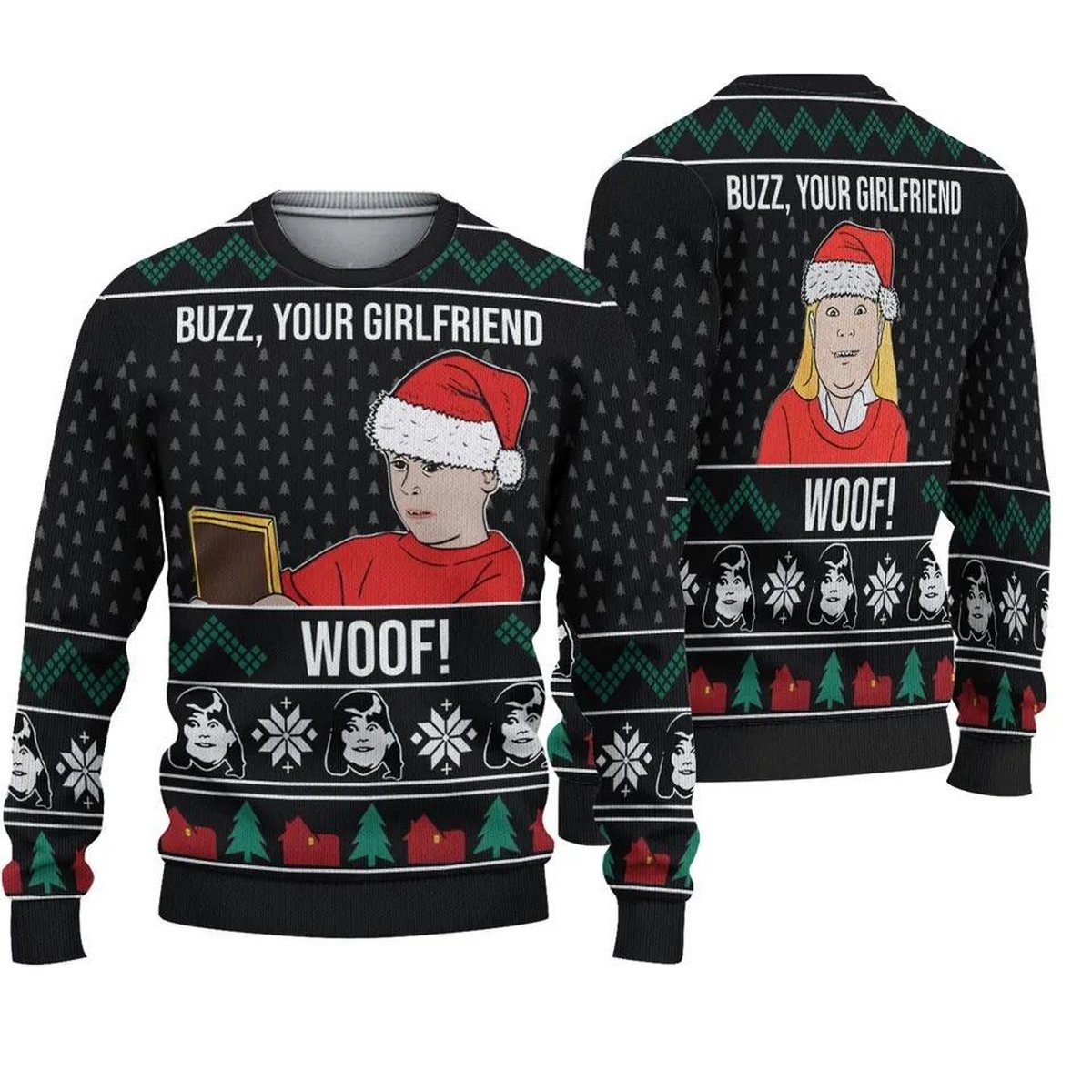 Buzz Your Girlfriend Woof Home Alone Black Ugly Christmas Sweater Funny Movie Holiday Jumper