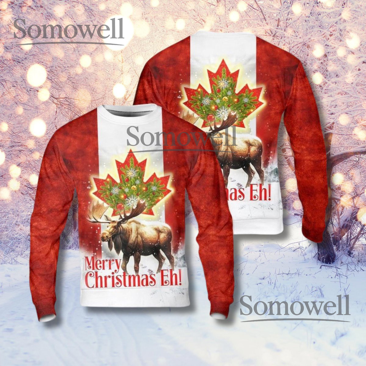 Canadian Moose Christmas Sweater Funny Maple Leaf Holiday Pullover