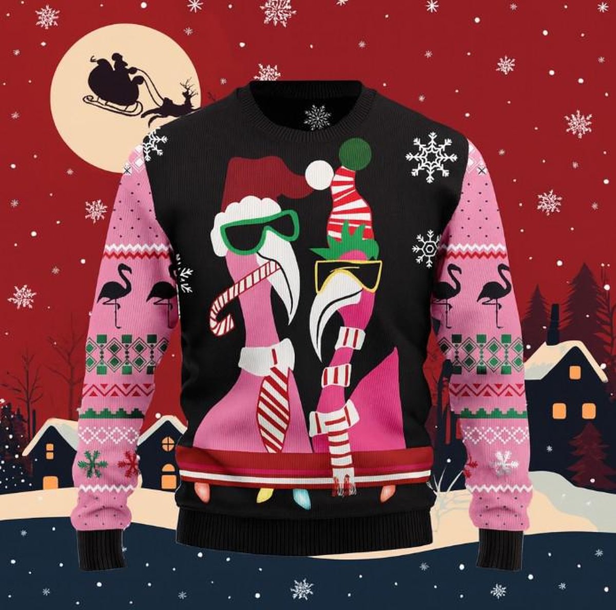 Candy Cane Flamingo Ugly Christmas Sweater Funny Pink Bird Holiday Pullover Gift