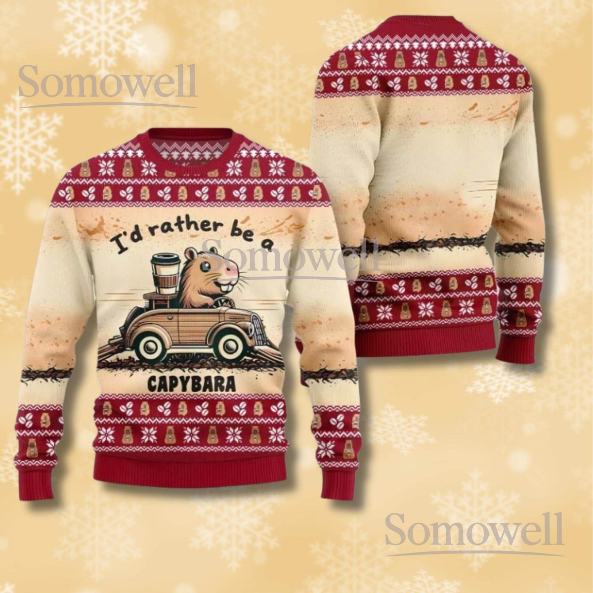Capybara Christmas Beige Ugly Sweater Vintage Car Graphic Funny Holiday Knit Jumper