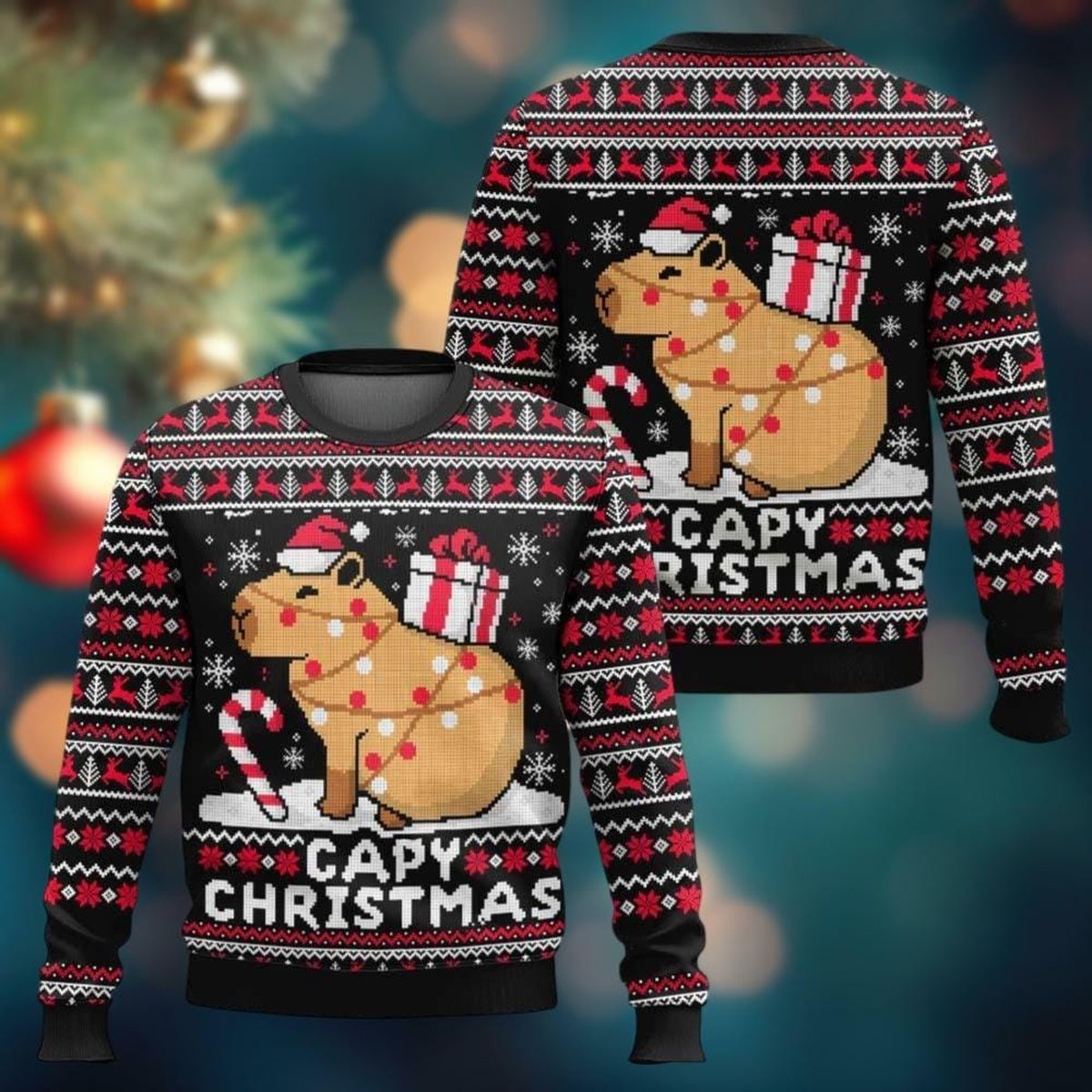 Capybara Black Christmas Ugly Sweater Capy Christmas Gift Candy Cane Knit Jumper
