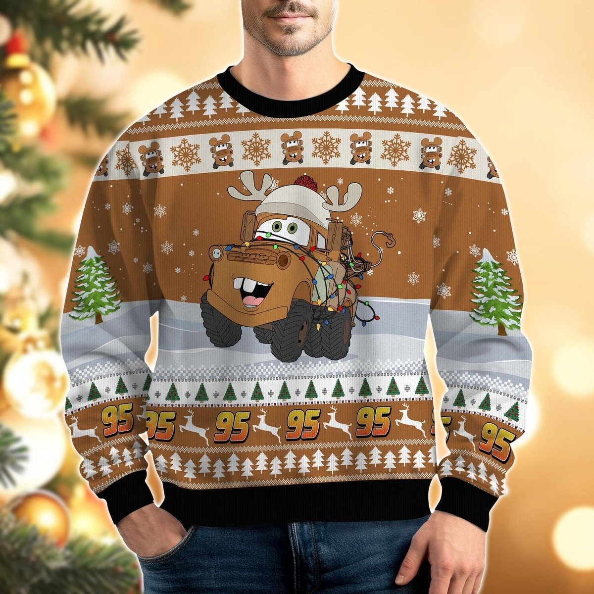 Cars Tow Mater Santa Christmas Brown Ugly Christmas Sweater Funny Cartoon Holiday Knit Jumper