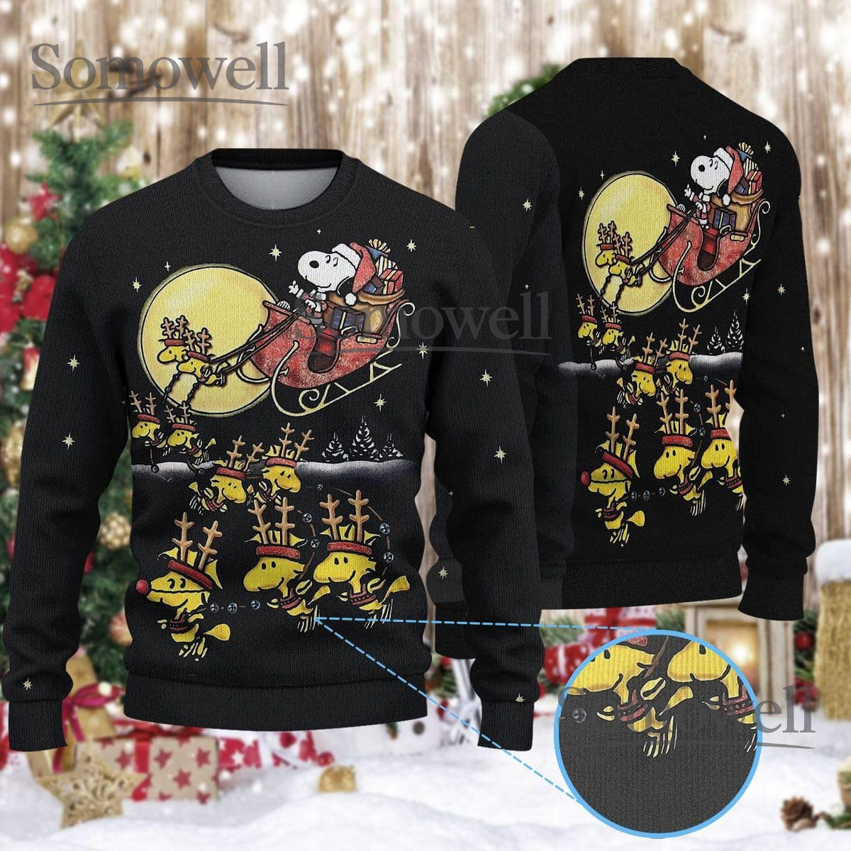 Cartoon Beagle Santa Sleigh Flying Moon Ugly Christmas Sweater Holiday Knit Gift