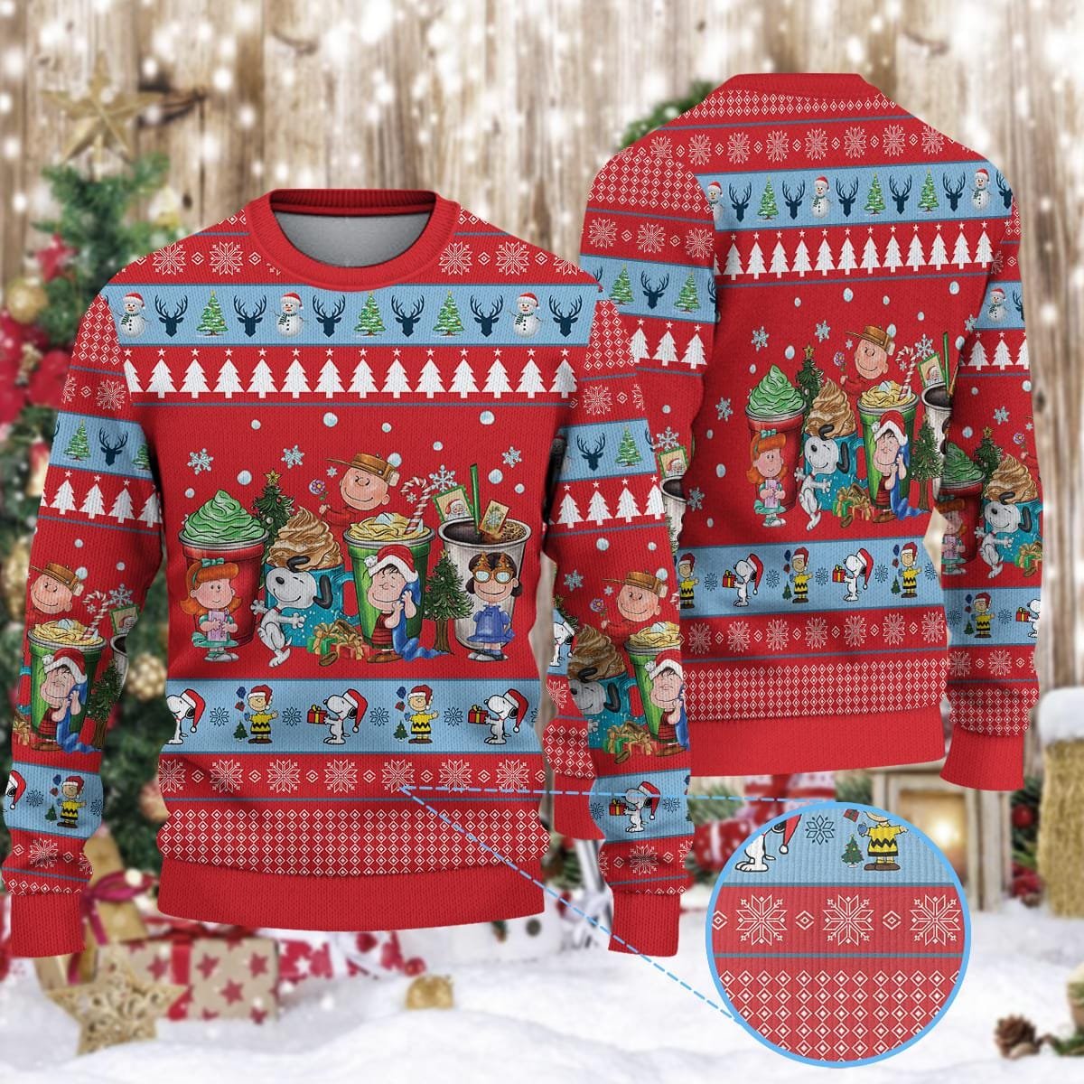 Cartoon Dog Friends Red Christmas Ugly Sweater Hot Cocoa Festive Holiday Knit Jumper