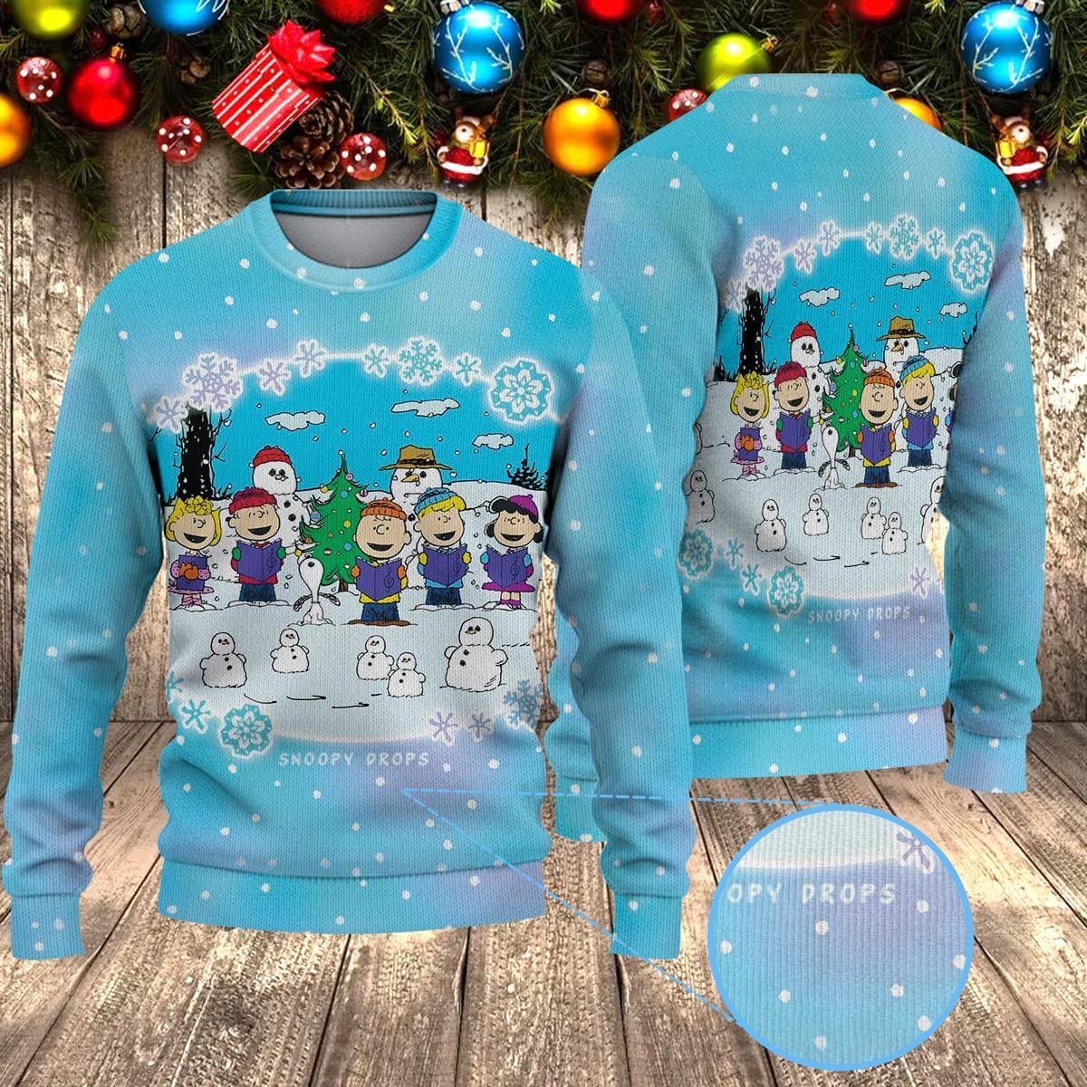 Cartoon Dog Friends Blue Christmas Ugly Sweater Winter Snow Scene Holiday Knit Jumper