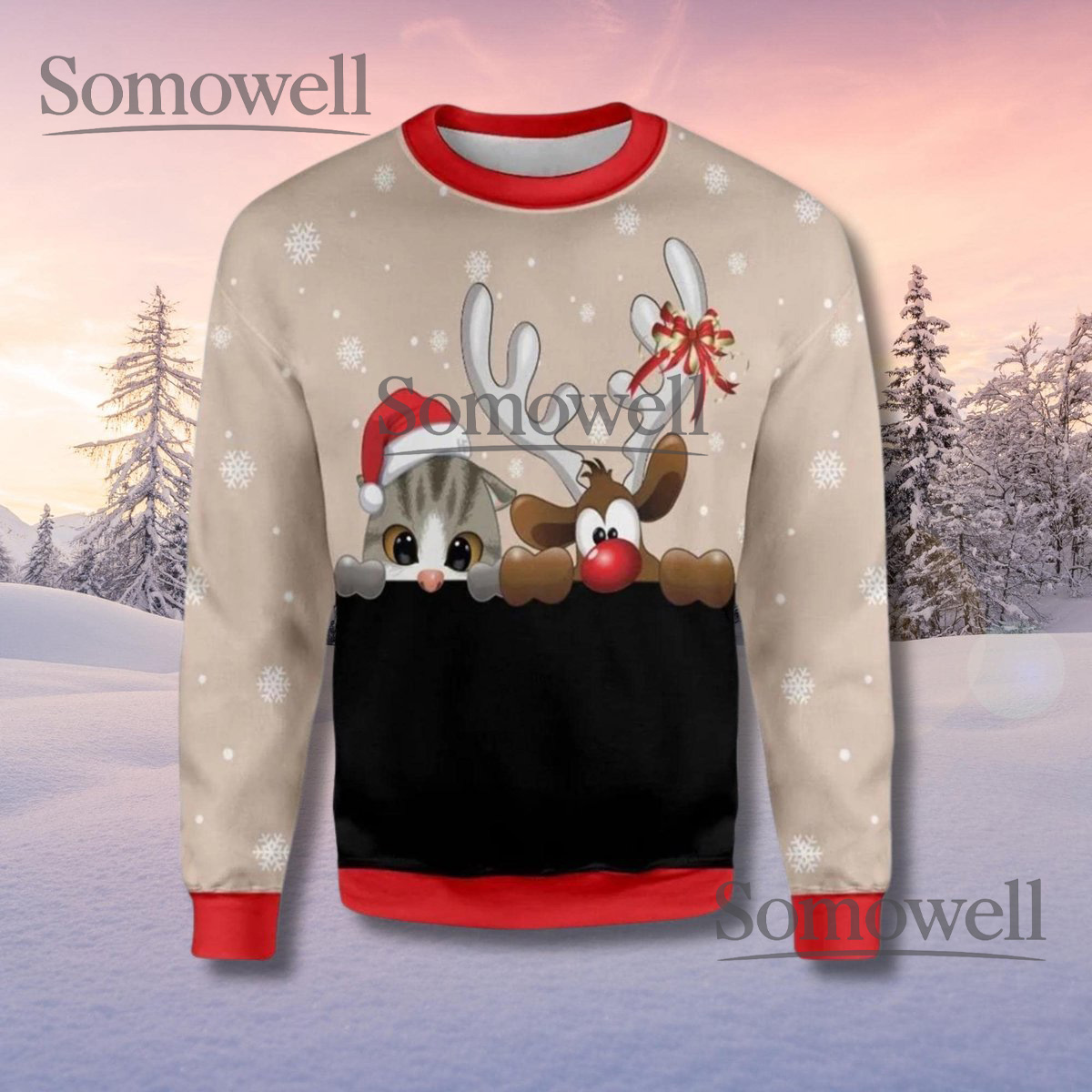 Cat and Reindeer Beige Ugly Christmas Sweater Cute Animal Lover Holiday Knit Jumper