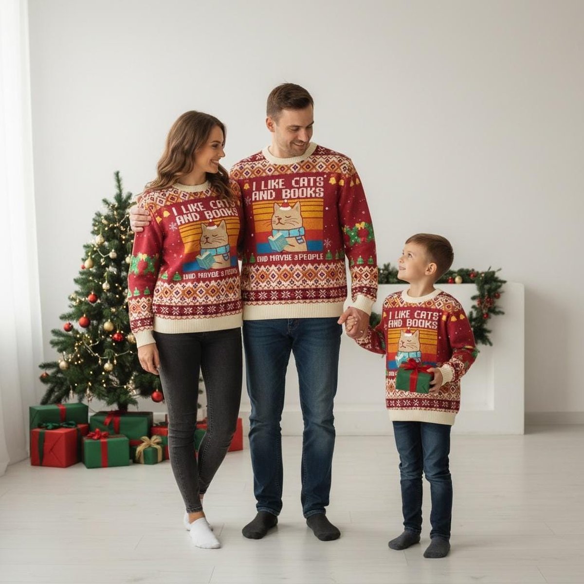 I Like Cats And Books And Maybe 3 People Ugly Christmas Sweater Funny Cat Lover Reading Gift