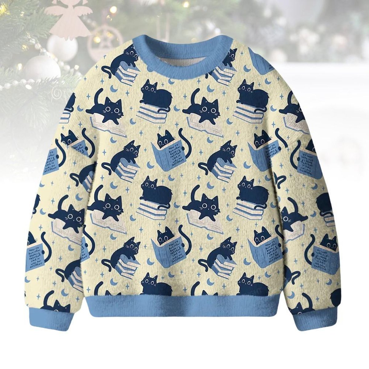 Cute Cat Reading Books All Over Print Ugly Christmas Sweater Funny Book Lover Holiday Gift