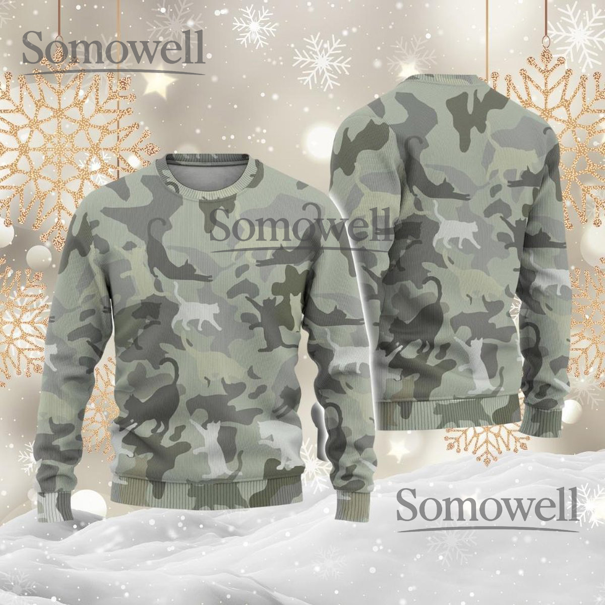 Cat Camo Grey Ugly Christmas Sweater Funny Feline Pattern Holiday Knit Jumper