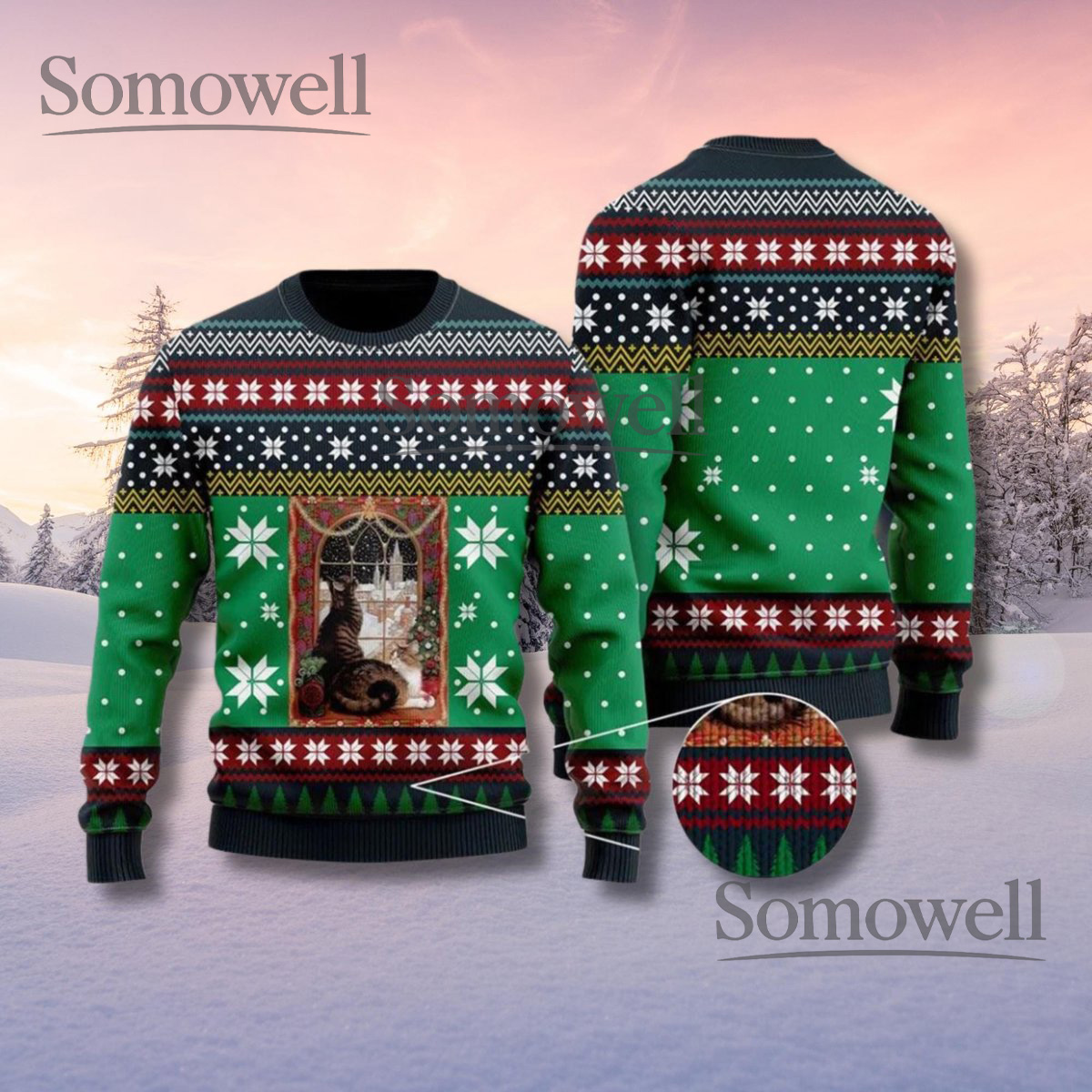 Cat Christmas Sweater Green Knitted Pullover with Snowflake Window Scene