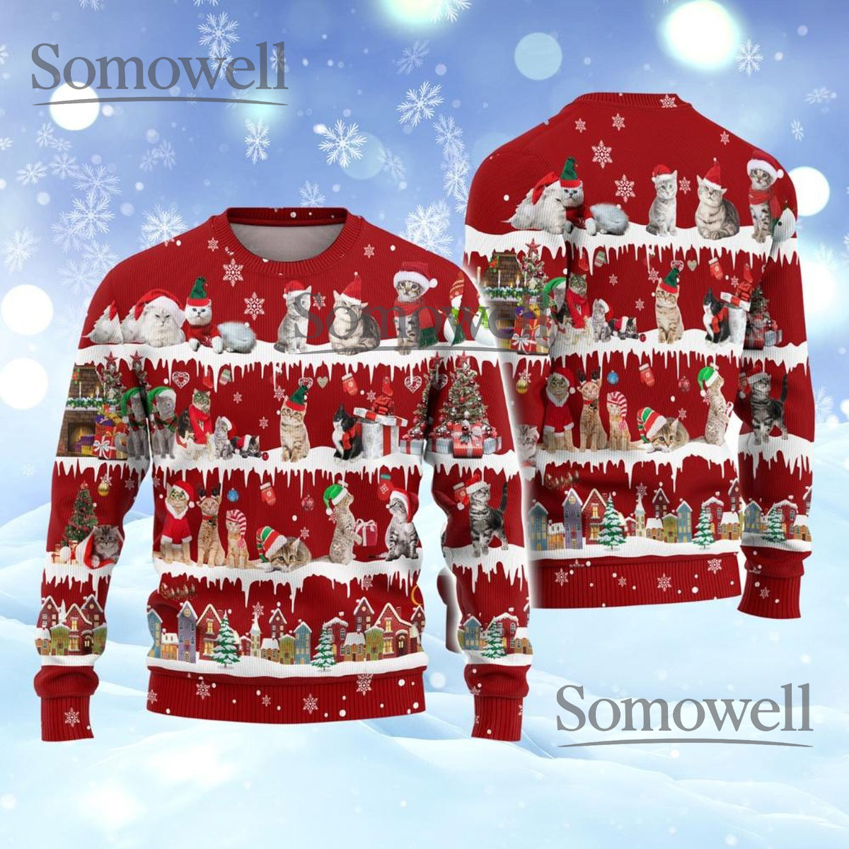 Red Cat Family Ugly Christmas Sweater Funny Cat Lover Holiday Knit Jumper