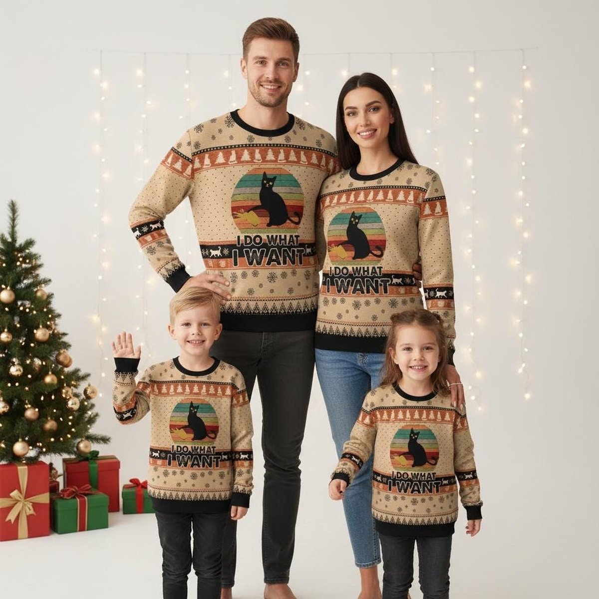I Do What I Want Beige Family Matching Ugly Christmas Sweater Funny Black Cat Retro Holiday Knit Jumper